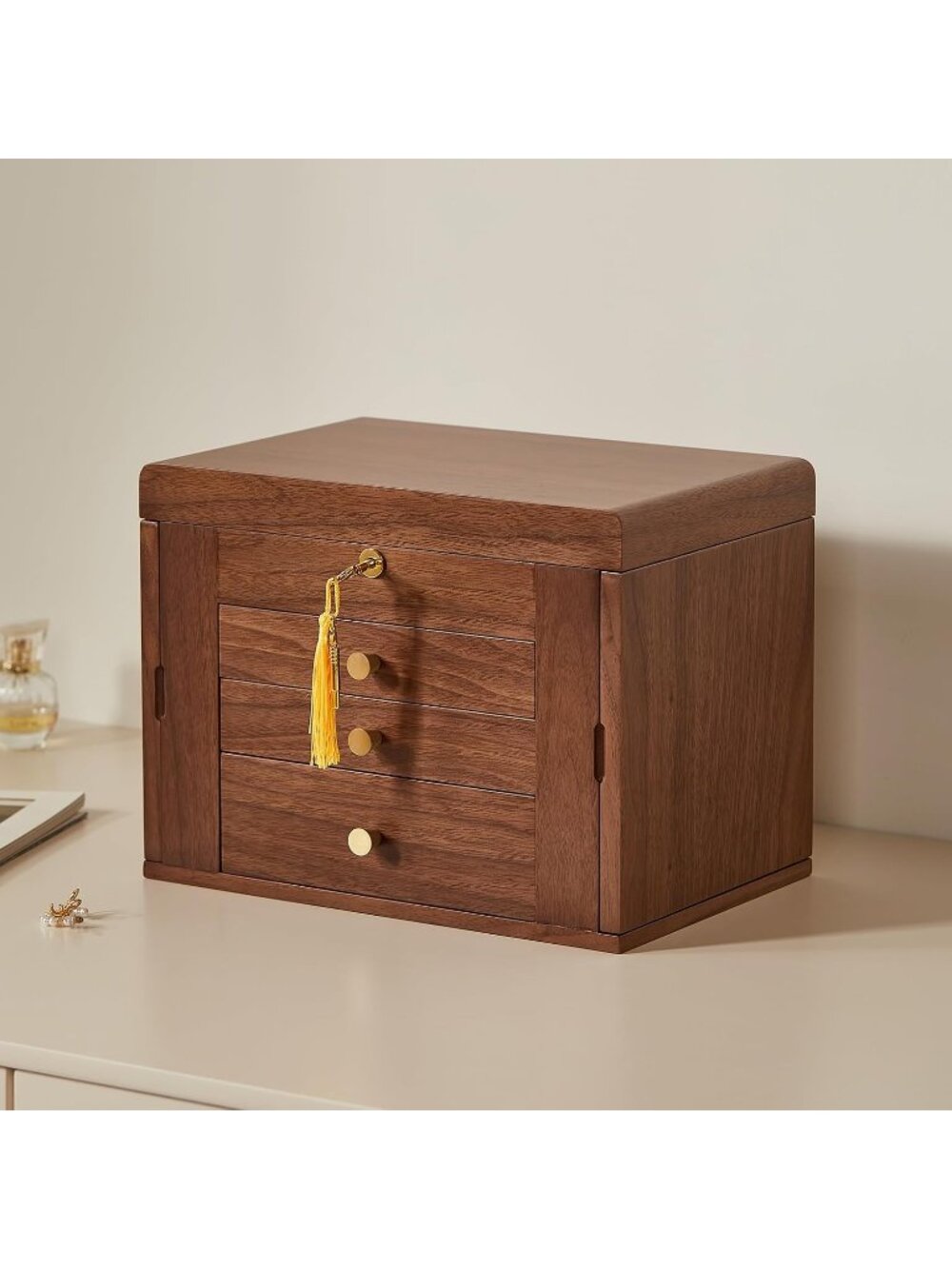 Black Walnut 4Layer C Wooden Jewelry Box for Women with 2 Side Door & Mirror - Picture 3 of 6